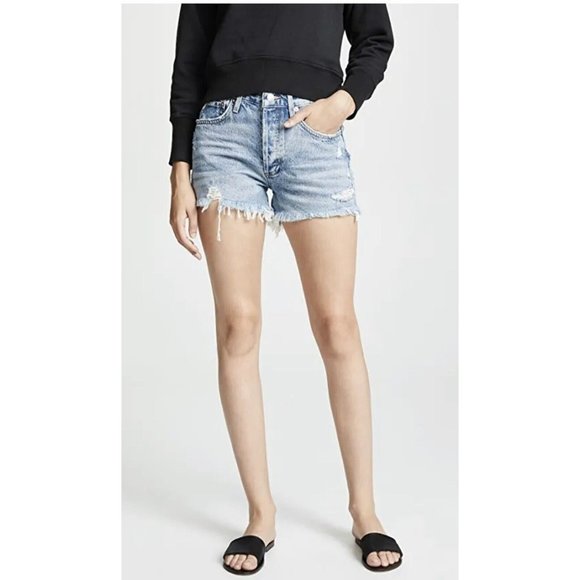 Agolde Blue Distressed Light Wash Shorts Womens 30 Button Fly Parker - Picture 2 of 11